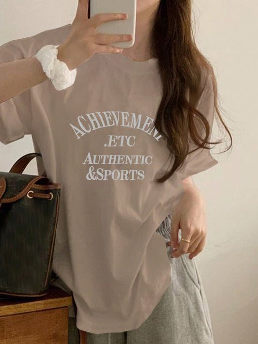 Women's Letter Embroidery Loose Round Neck Short Sleeve T-Shirt