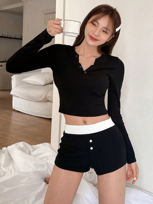 Slim Fit Half-Placket Single Breasted Casual Long Sleeve Top And Color-Block Shorts Homewear Set