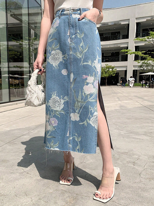 Women's Summer Casual Floral Printed Side Slit Denim Skirt