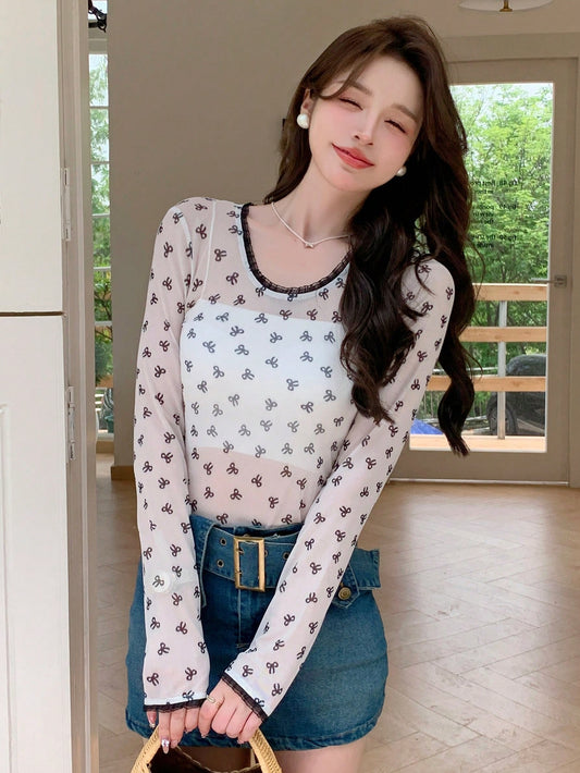 Floral Print Bodysuit Round Neck Long Sleeve Slim Fit Top For Women