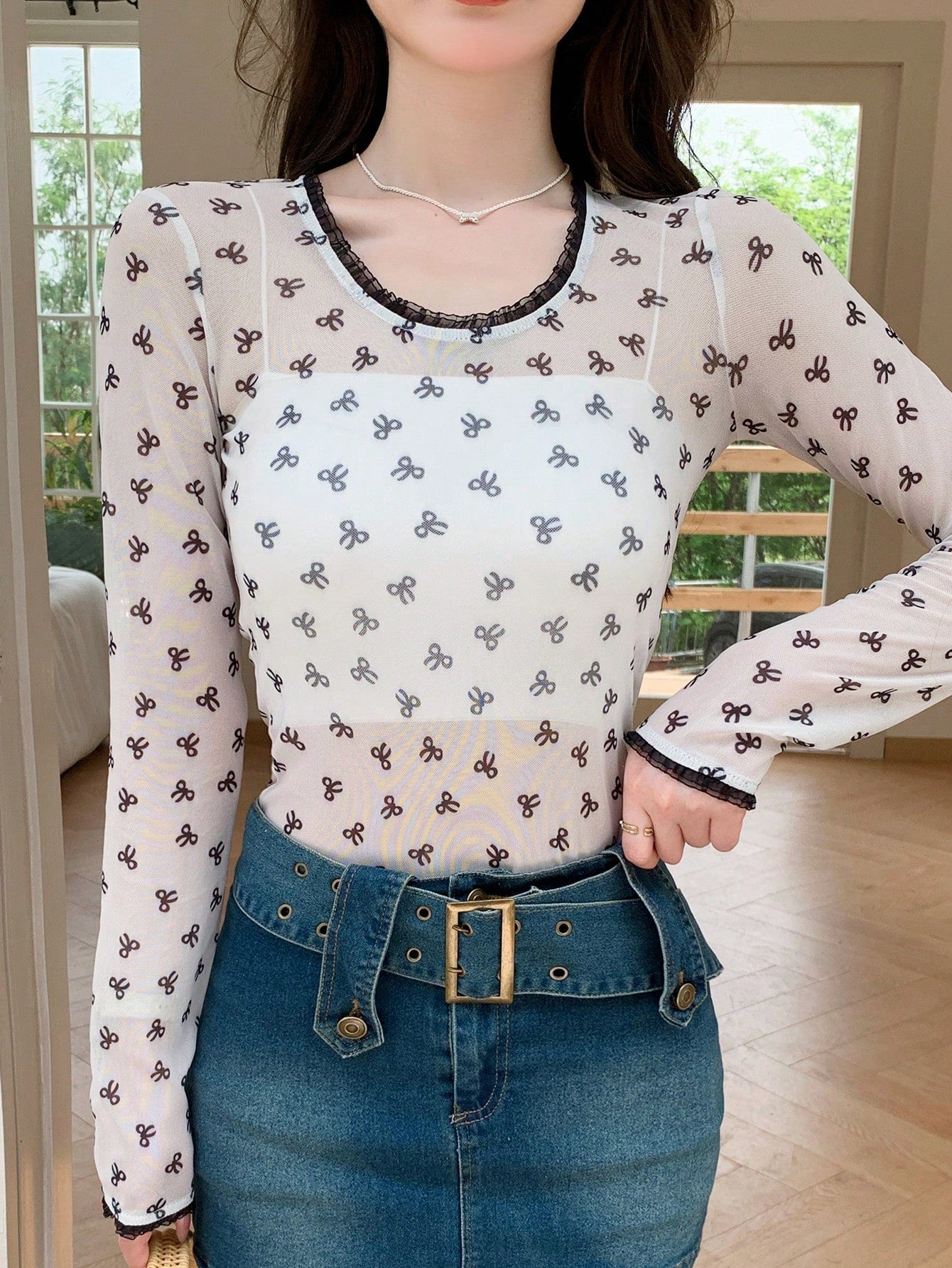 Floral Print Bodysuit Round Neck Long Sleeve Slim Fit Top For Women