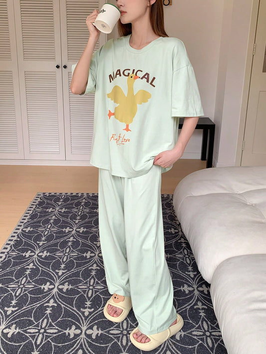 Women's Lovely Cartoon Printed Loose Fit PJ Set With Round Neckline Drop Shoulder Top And Pants