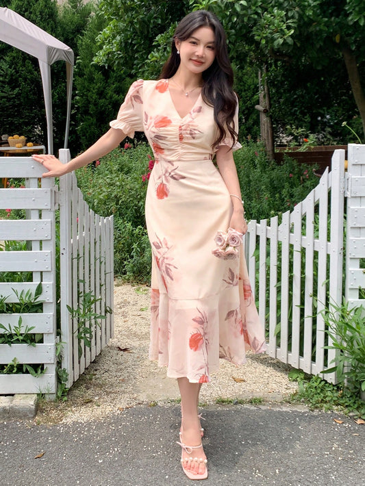 Women's Elegant Floral Printed Puff Sleeve Mermaid Dress For Summer