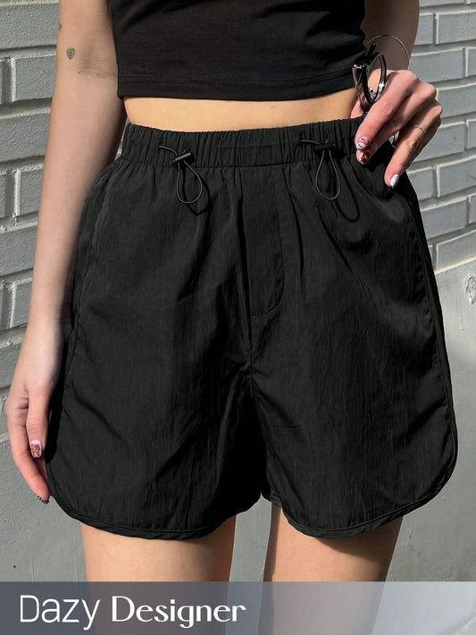 Women's Fashionable Loose Fit Solid Color Shorts With Drawstring Waist Design