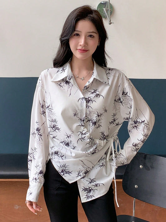 Floral Printed Loose Fit Drawstring Collar Women's Shirt With Long Sleeves