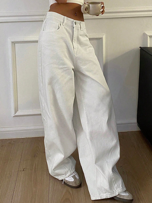 Solid Color Loose Harem Denim Pants For Women, Long Style