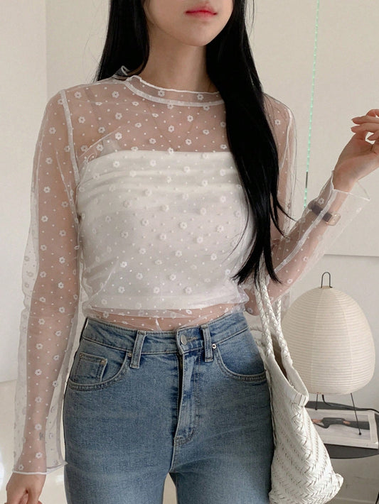 See-Through Mesh Floral Print Base Layer Long Sleeve Top For Women