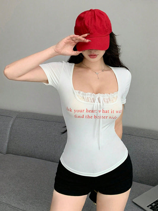 Women's Summer Slim Fit Short Sleeve T-Shirt With Slogan Print And Lace Patchwork