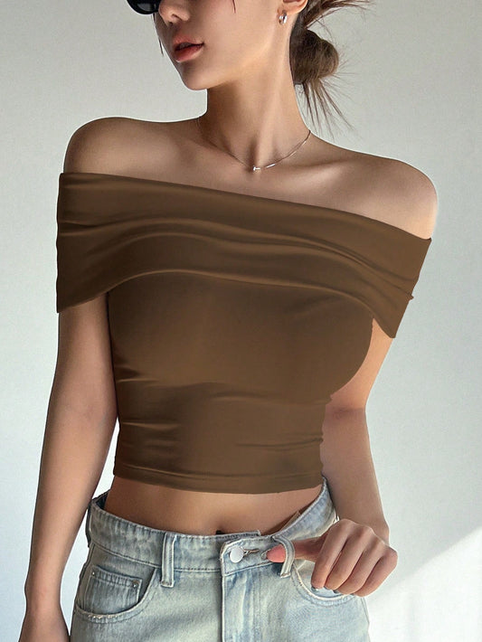 Women's Summer Pure Color Off Shoulder Tight-Fitting Top T-Shirt