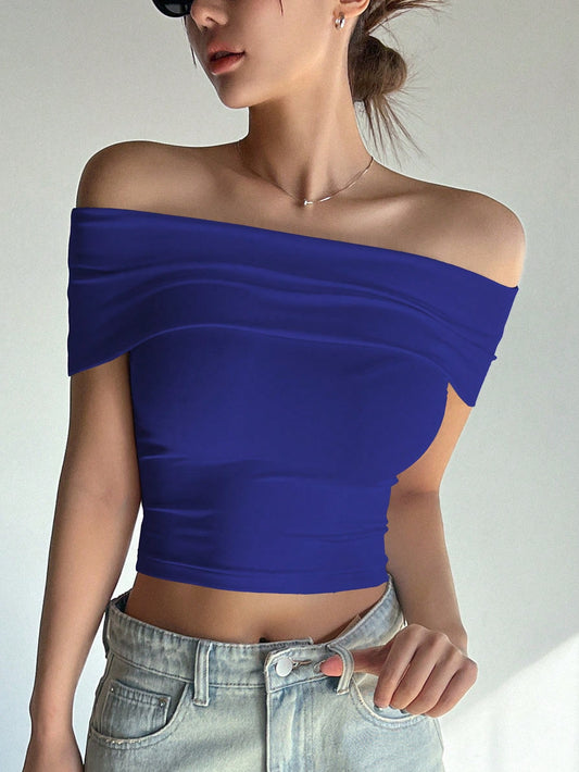 Ladies' Summer Solid Color Off Shoulder Slim Fit T-Shirt