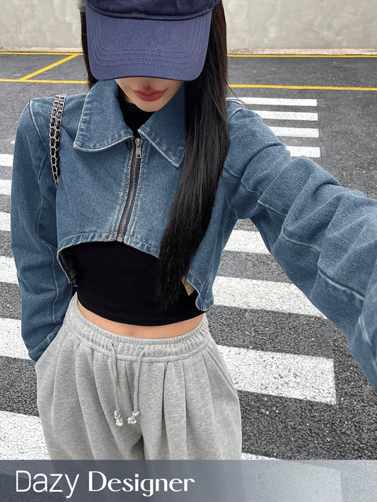 Women's Spring And Autumn Long Sleeve High-Low Hem Short Cropped Denim Jacket With Zipper Front