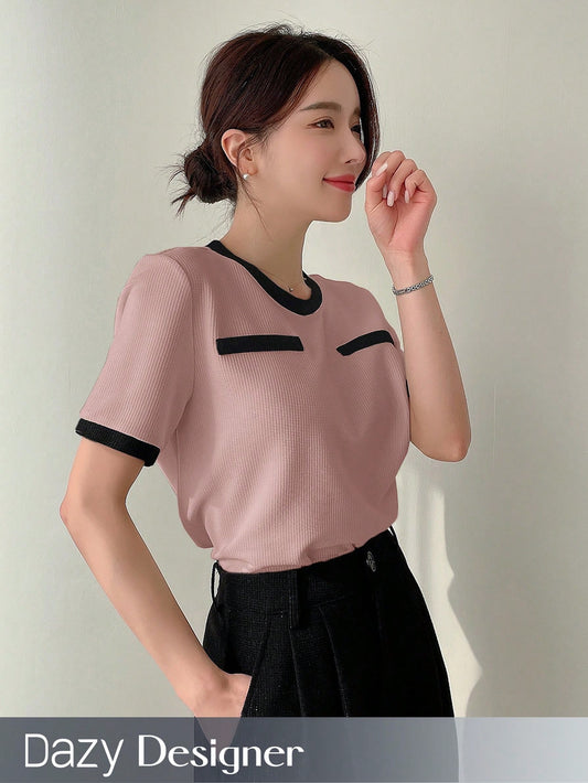 Women's Contrast Color Round Neck T-Shirt With Unique Design