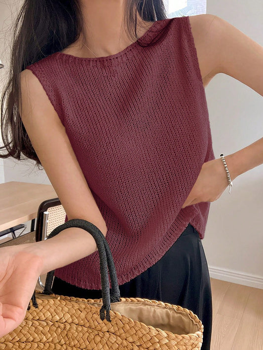 Summer Round Neck Solid Color Sleeveless Knitted Top
