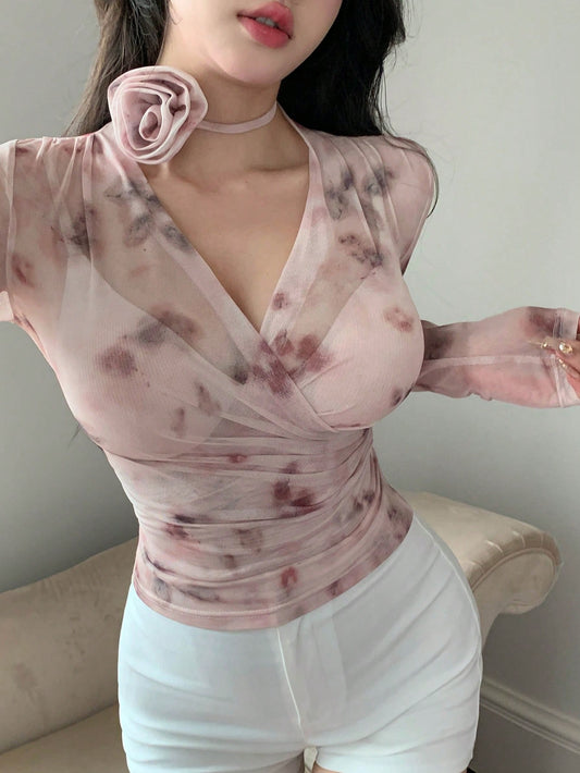 Women's Floral Print Crisscross Wrap Mesh Long Sleeve Top