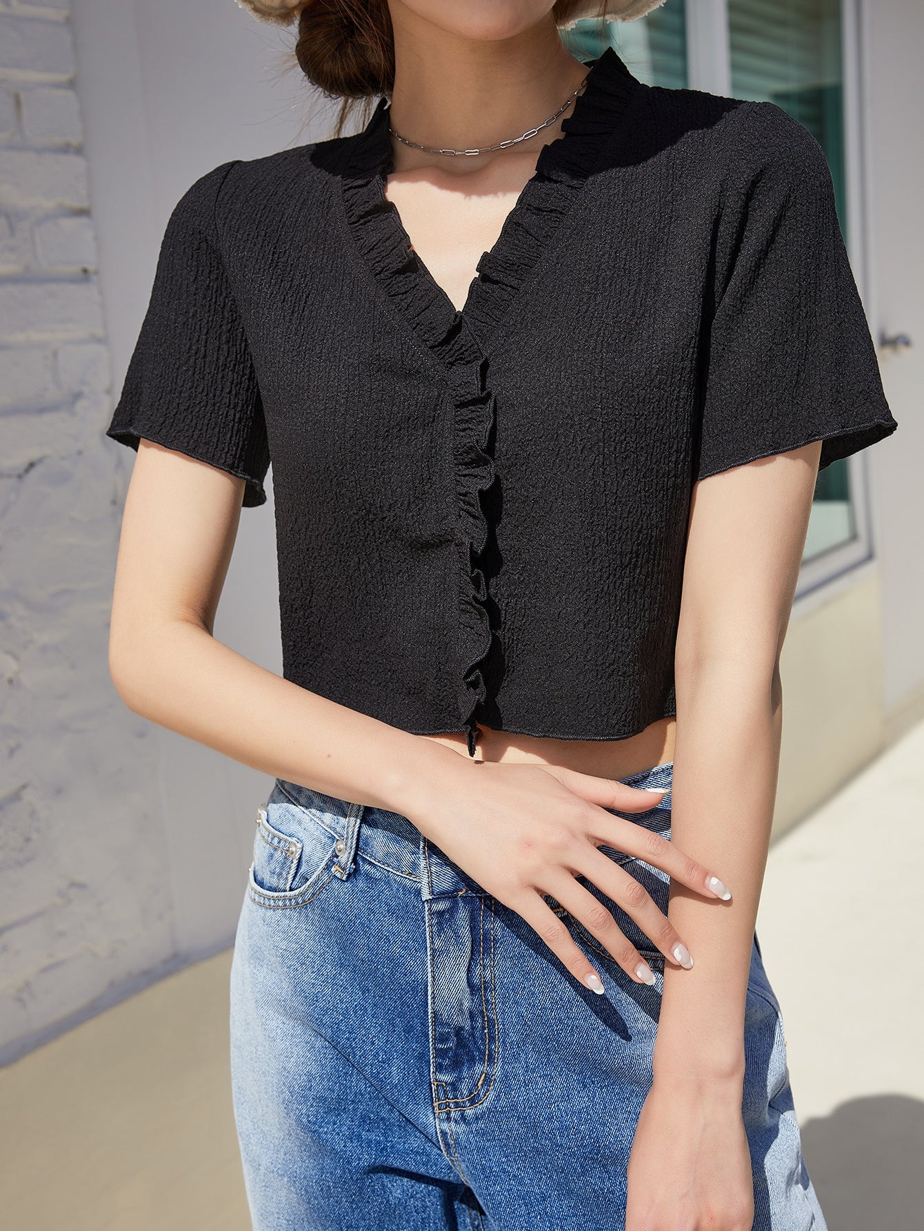 Solid Ruffle Trim V-neck Blouse