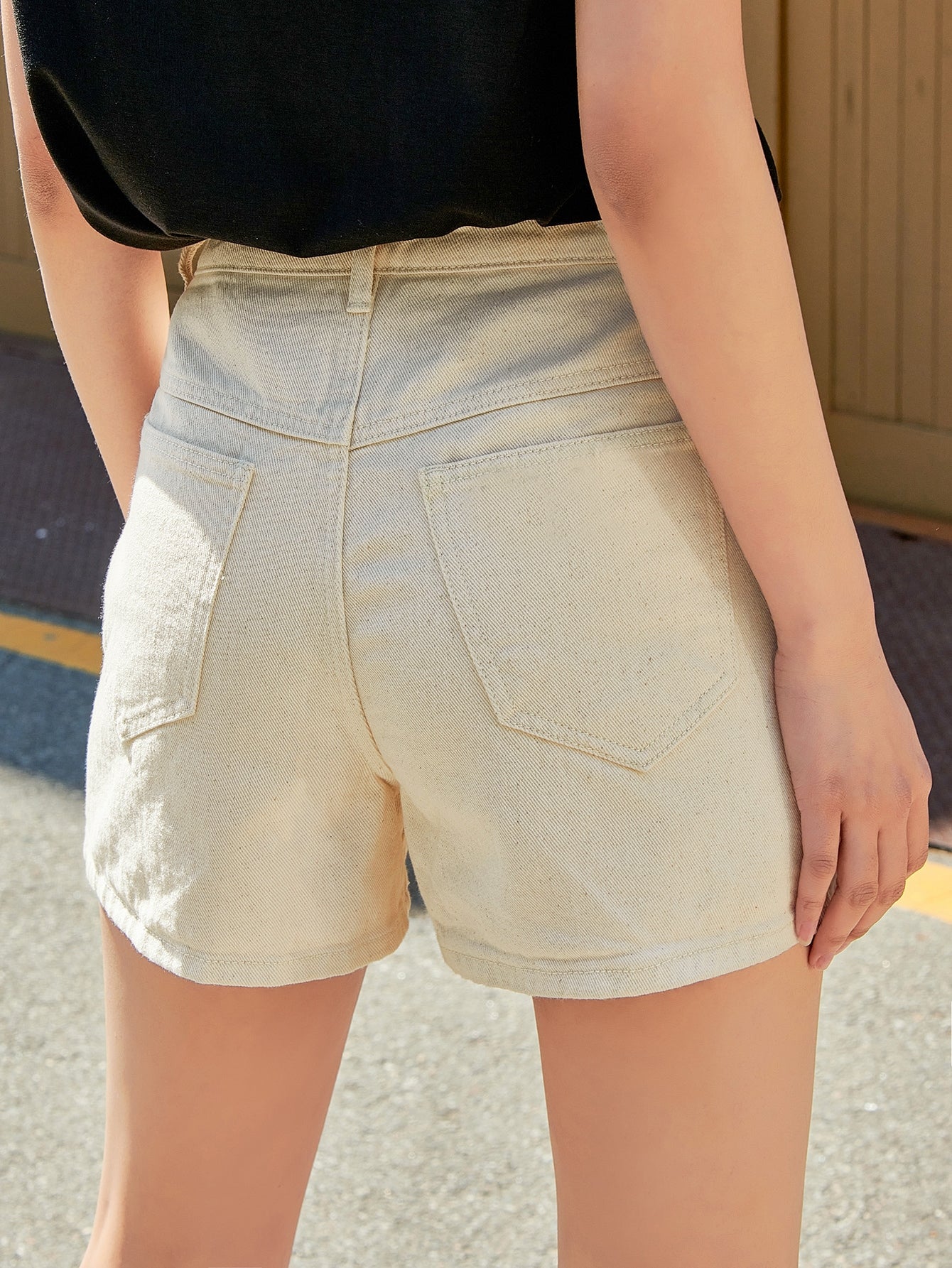 Solid Slant Pocket Denim Shorts