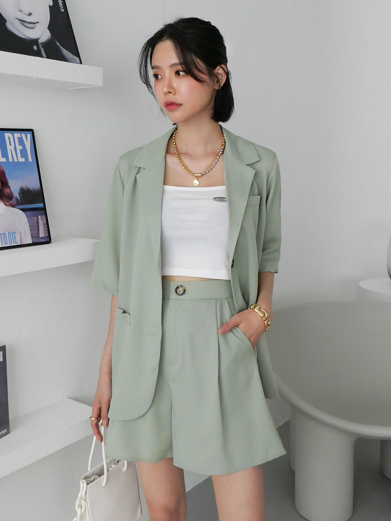 Lapel Collar Button Front Blouse With Shorts Without Cami Top