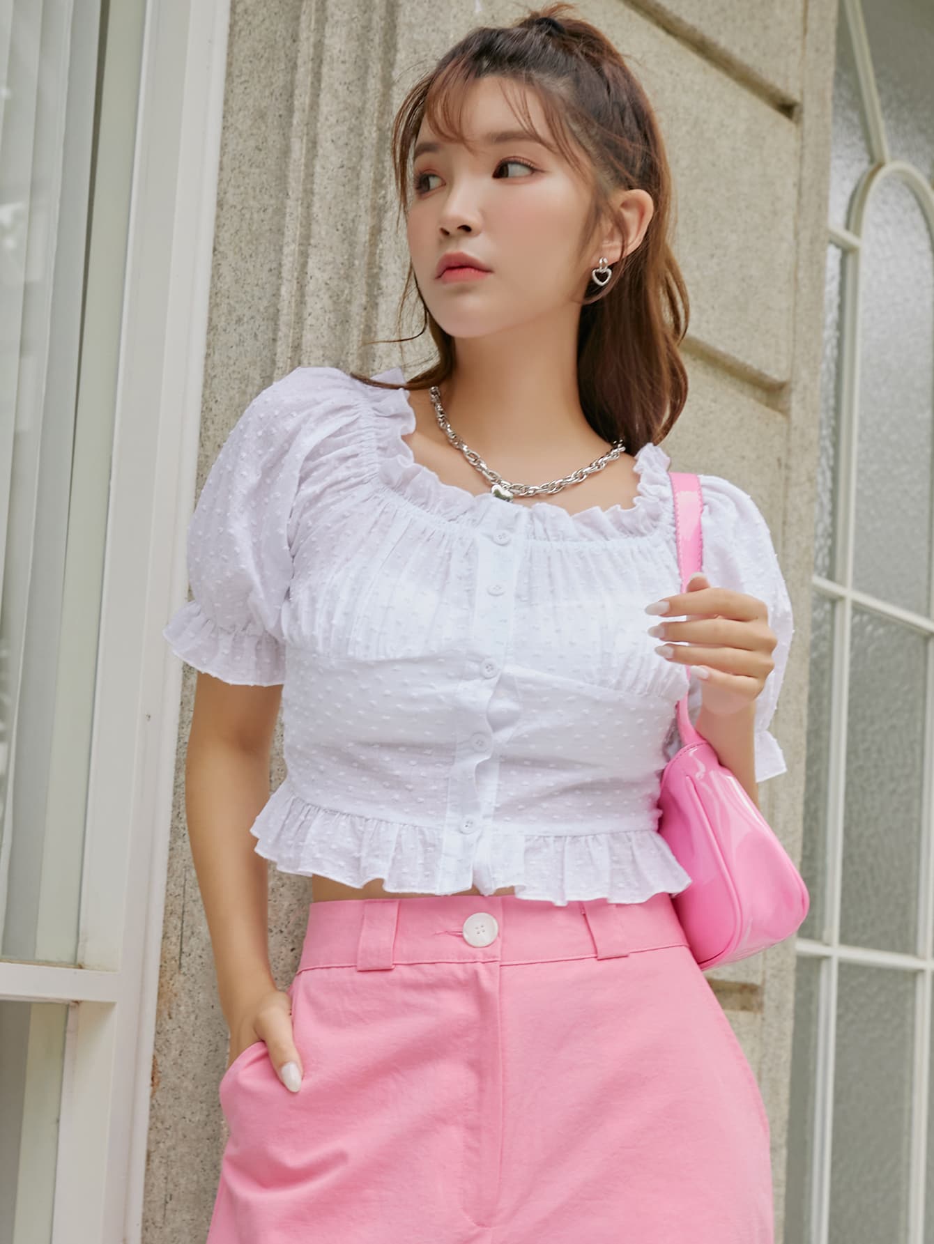 Solid Button Frill Trim Blouse