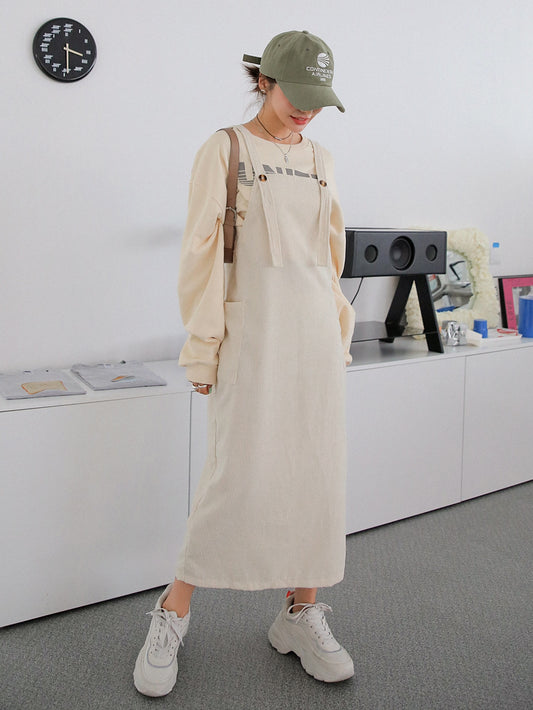 Patched Pocket Side Corduroy Overall Dress
