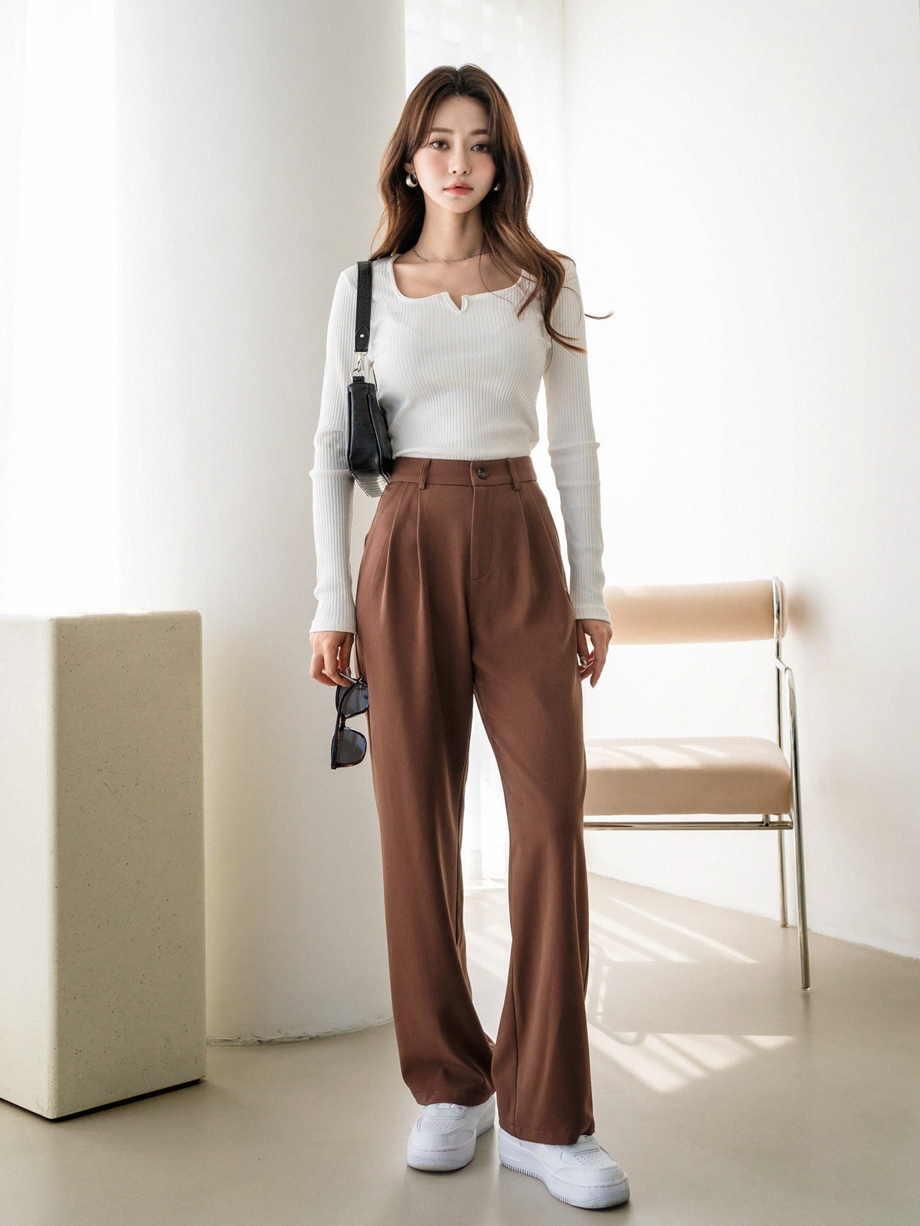 Zipper Fly Solid Tailored Pants