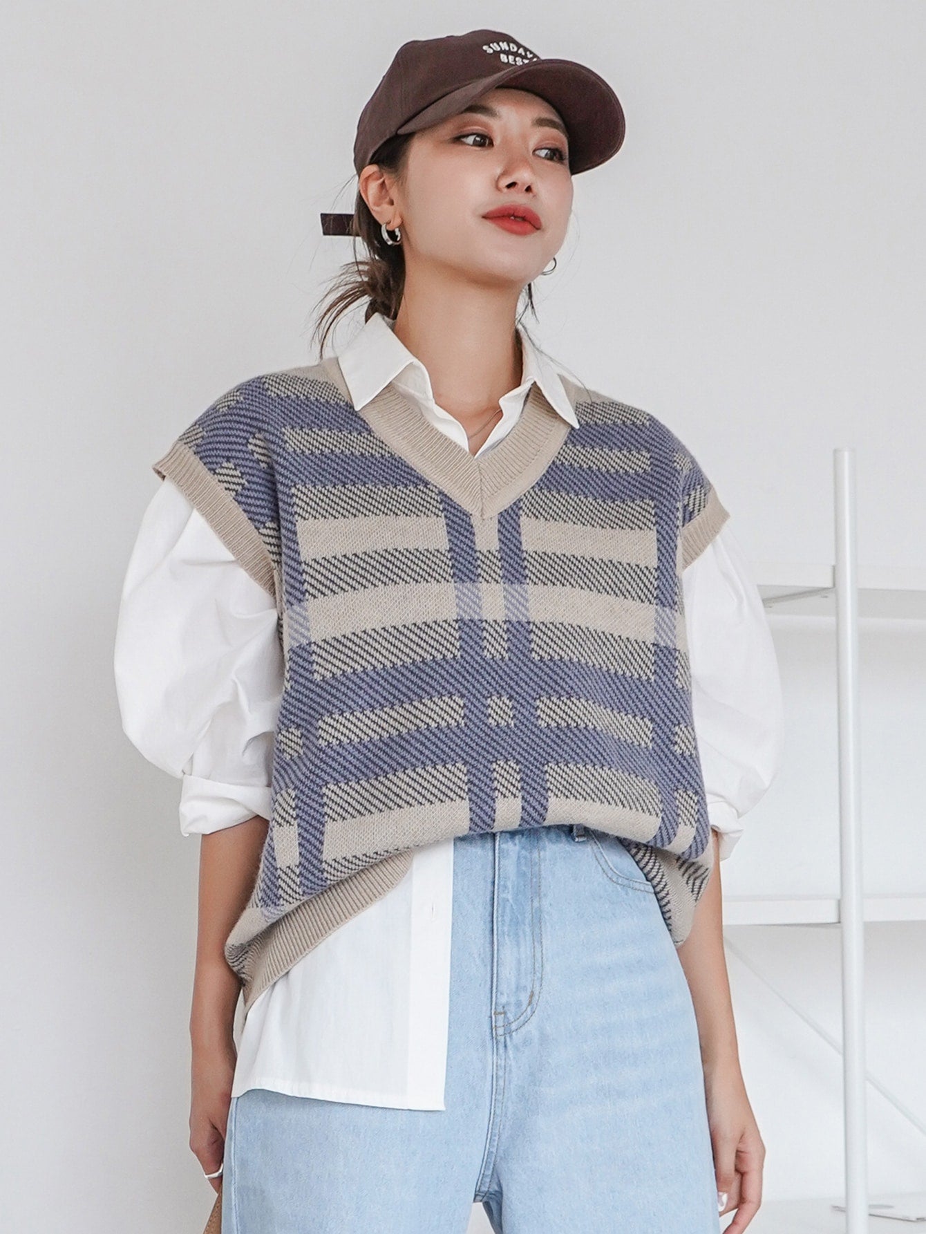 Plaid V-neck Sweater Vest Without Blouse