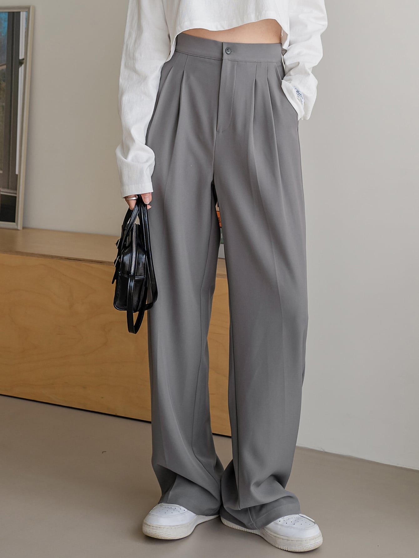 Solid High Rise Tailored Pants