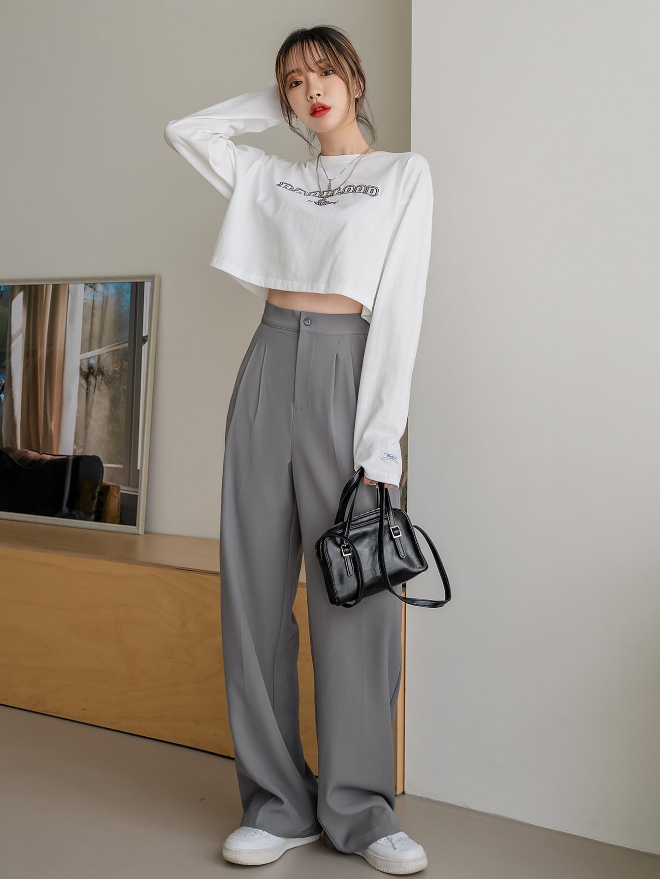 Solid High Rise Tailored Pants