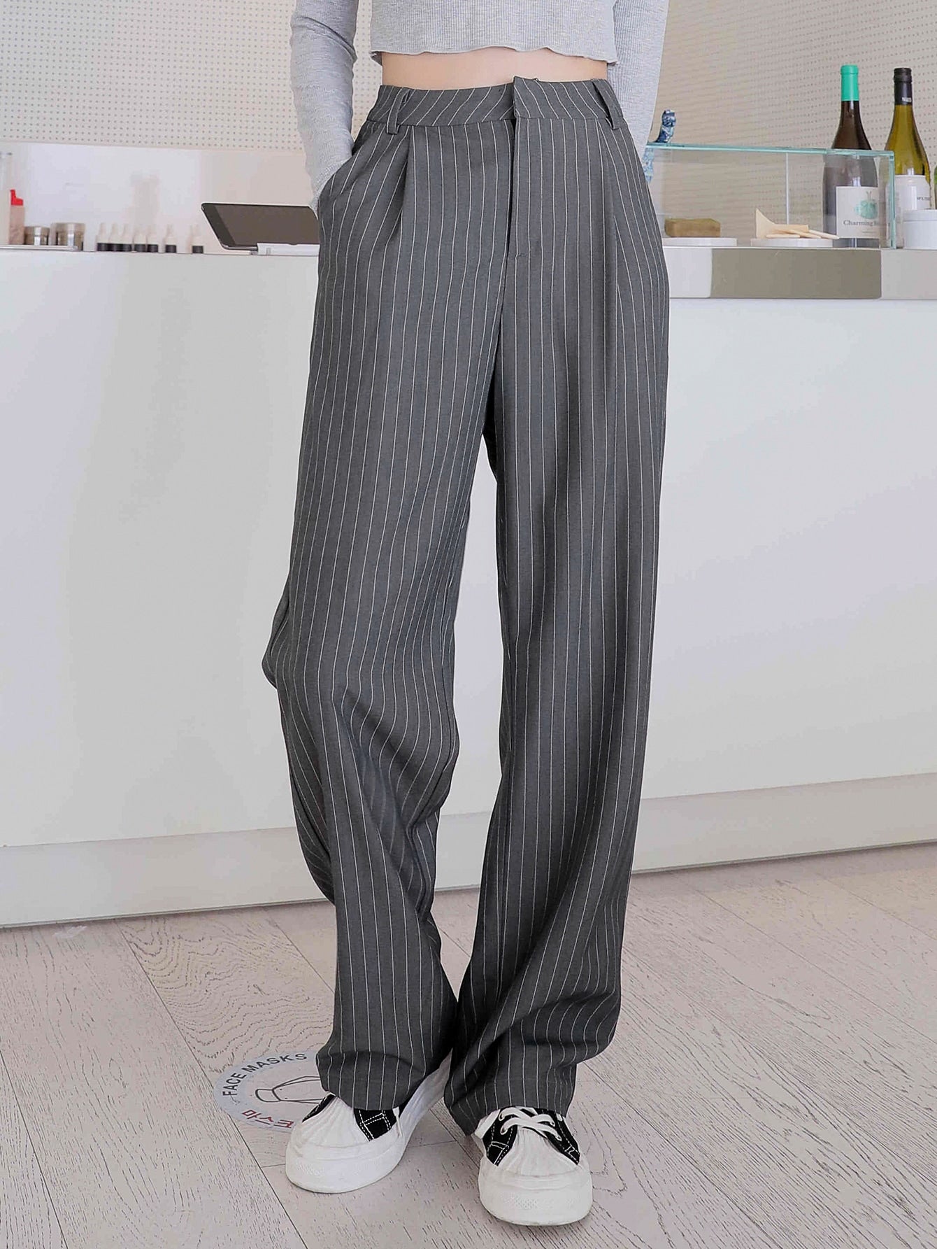 Pinstriped Print Plicated Front Tailored Pants