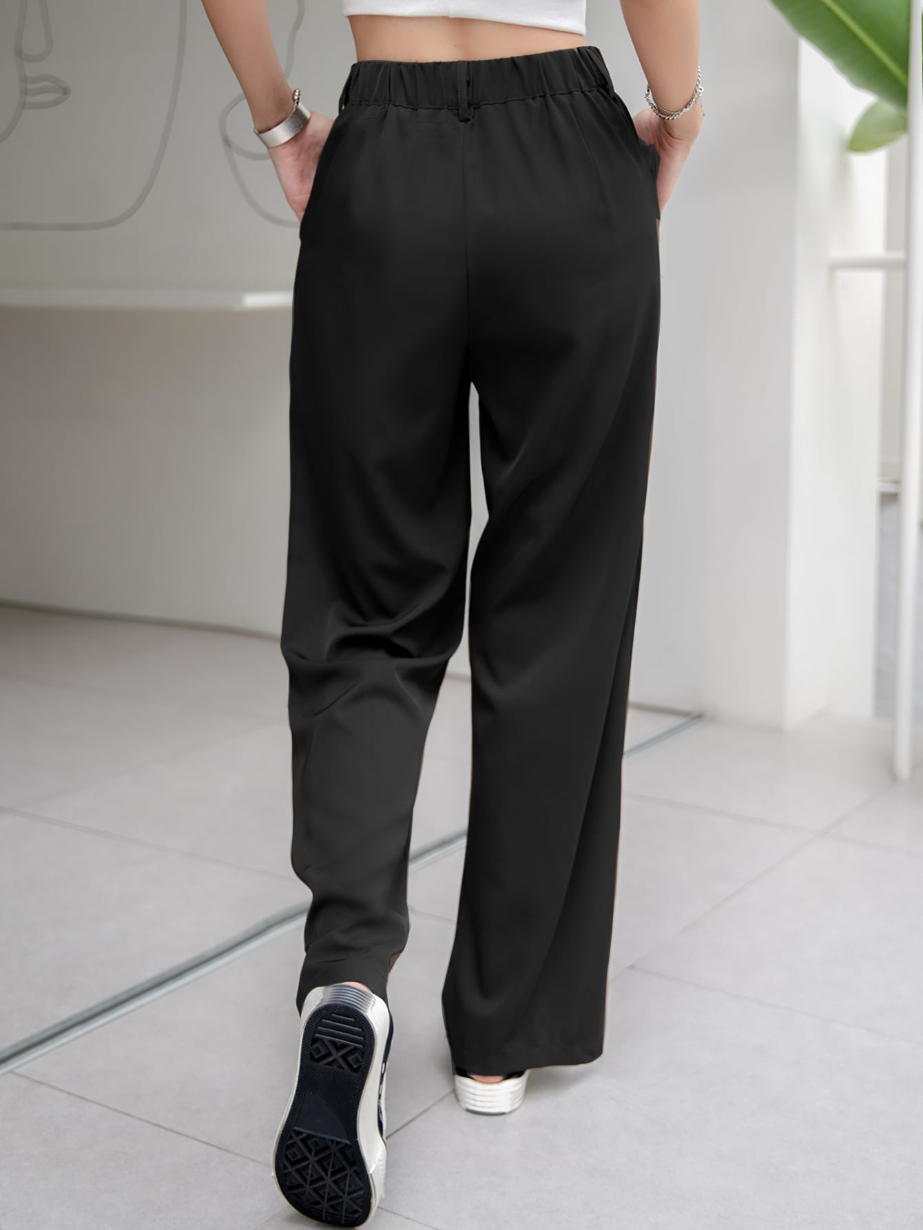 Solid Plicated Straight Leg Suit Pants