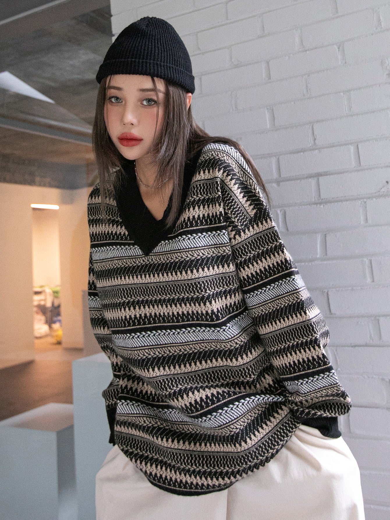 Chevron & Stripe Pattern Drop Shoulder Sweater