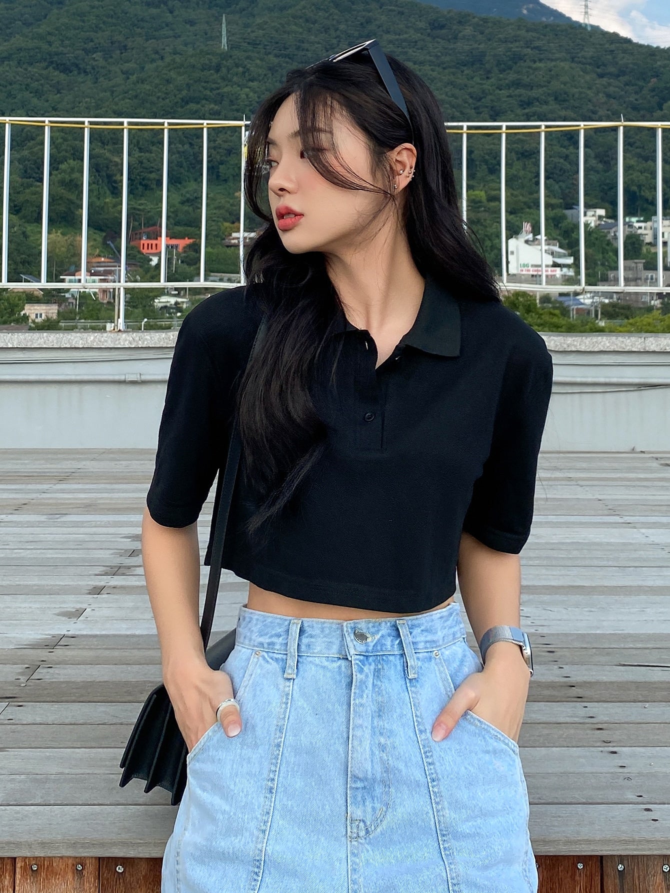 Solid Button Front Crop Tee
