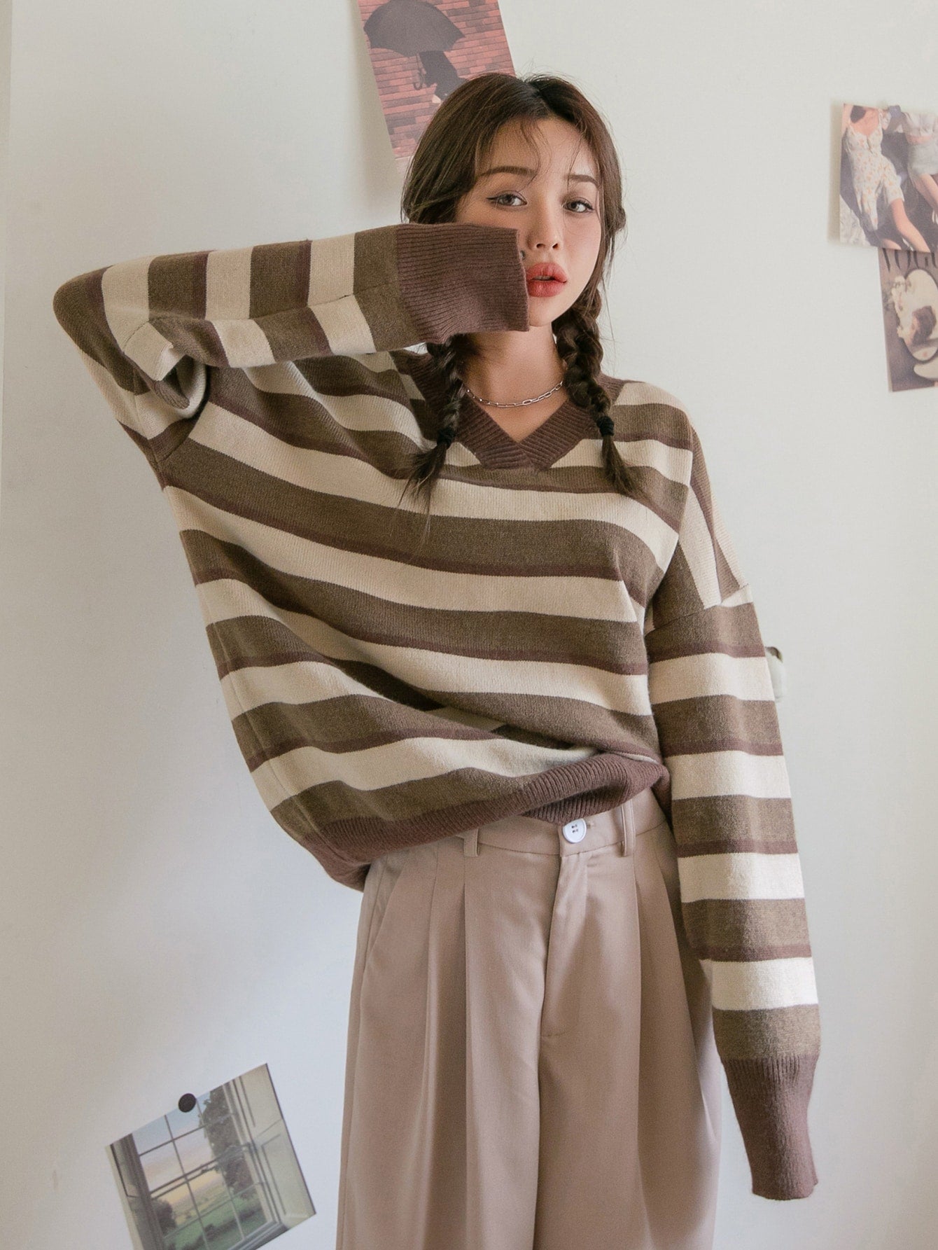 Block Stripe Pattern Drop Shoulder Oversized Sweater