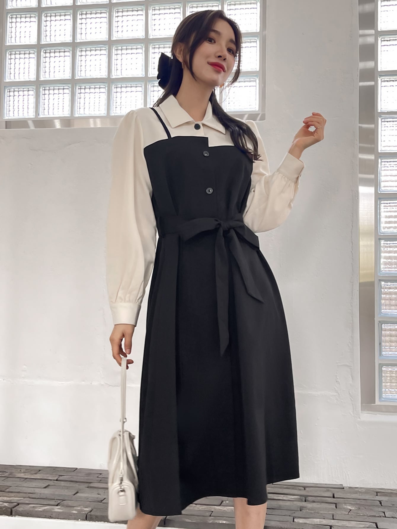 2 In 1 Colorblock Belted Shirt Dress