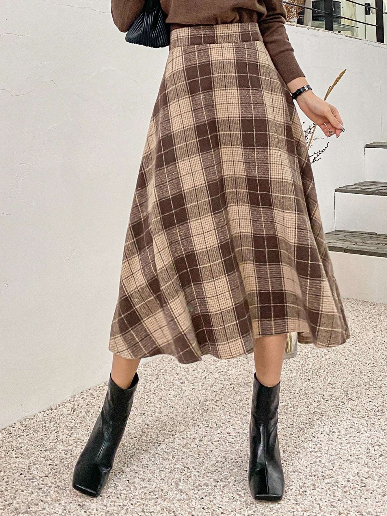 High Waist Plaid A-line Skirt
