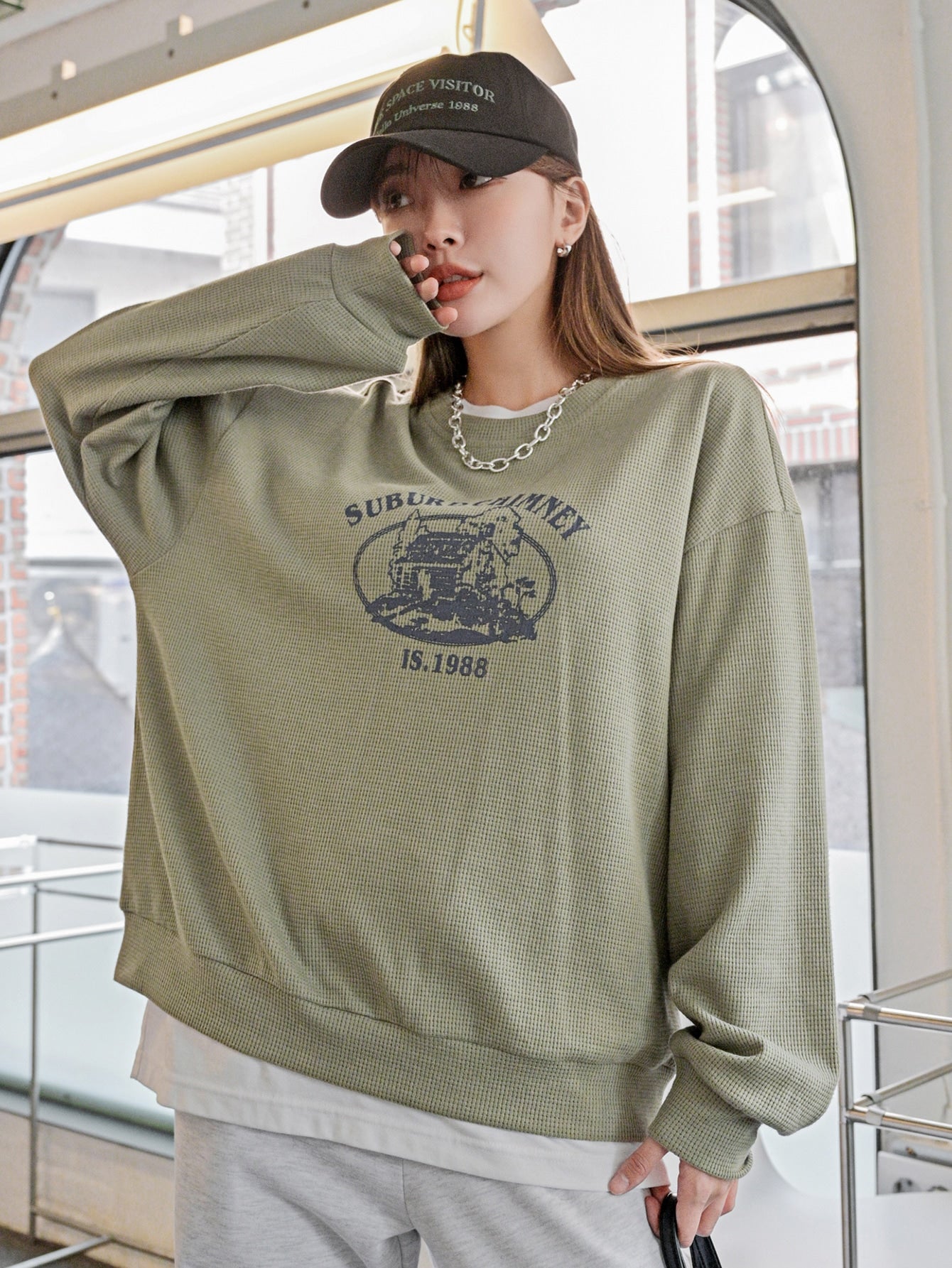 Letter & Cartoon Graphic Waffle Knit Drop Shoulder Pullover Without Tee