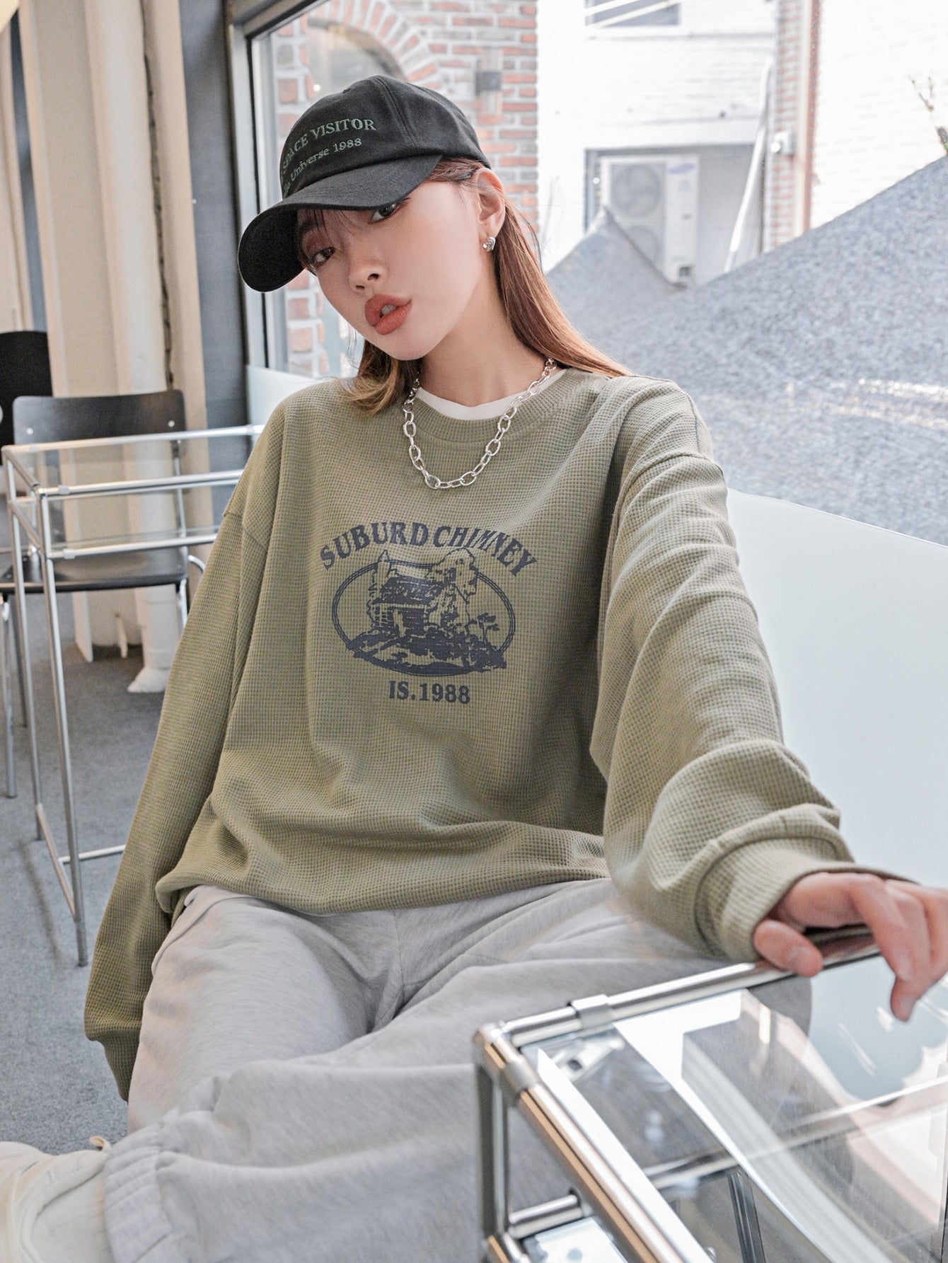 Letter & Cartoon Graphic Waffle Knit Drop Shoulder Pullover Without Tee