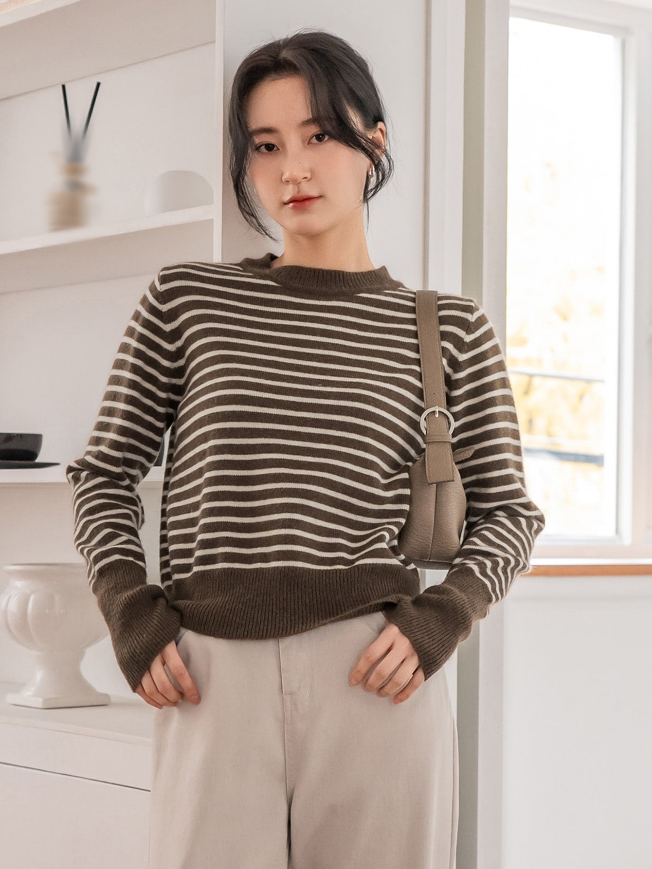 Striped Pattern Buttoned Cuff Sweater