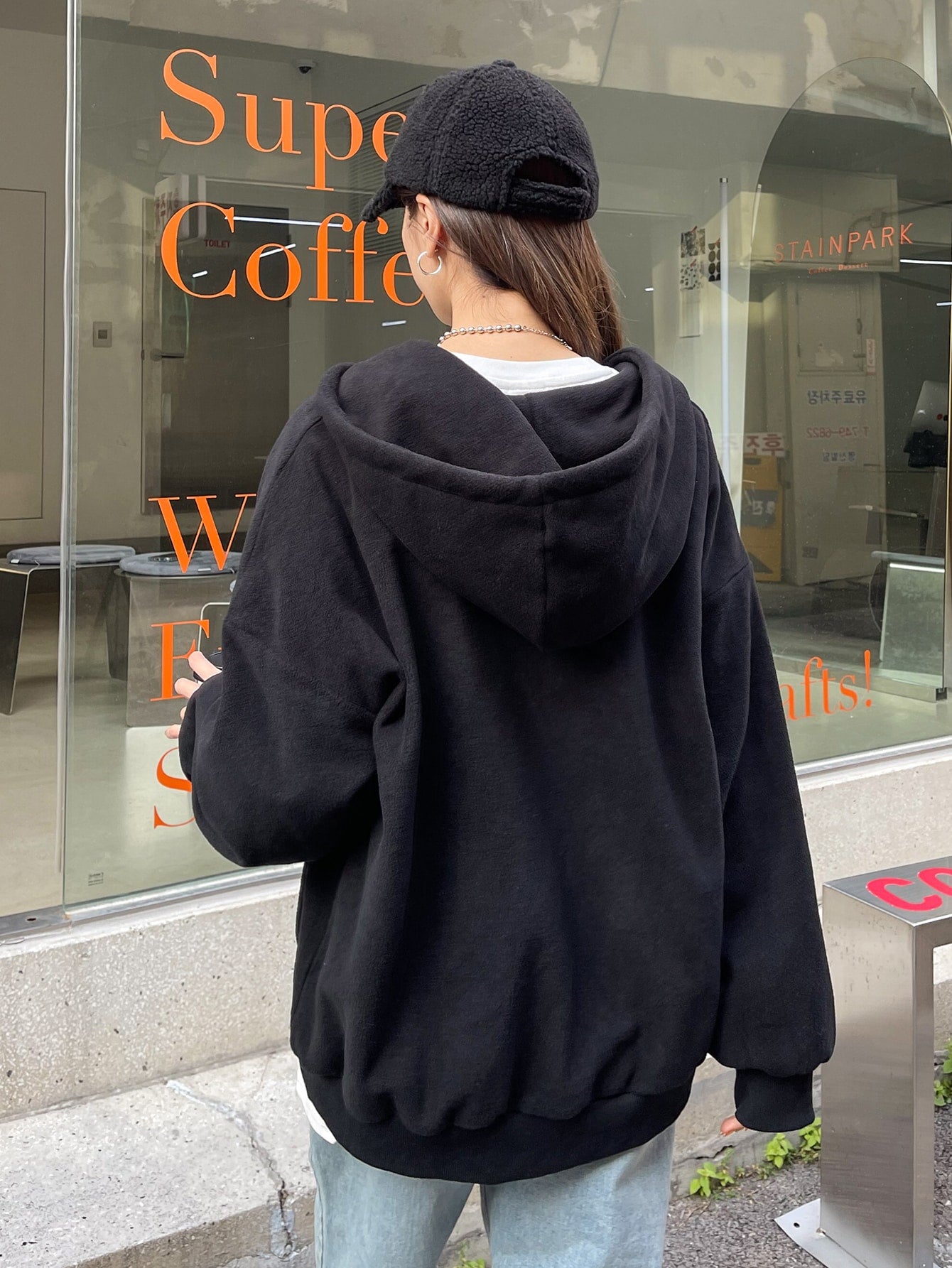 Slogan Graphic Drop Shoulder Zipper Drawstring Hooded Fleece Jacket