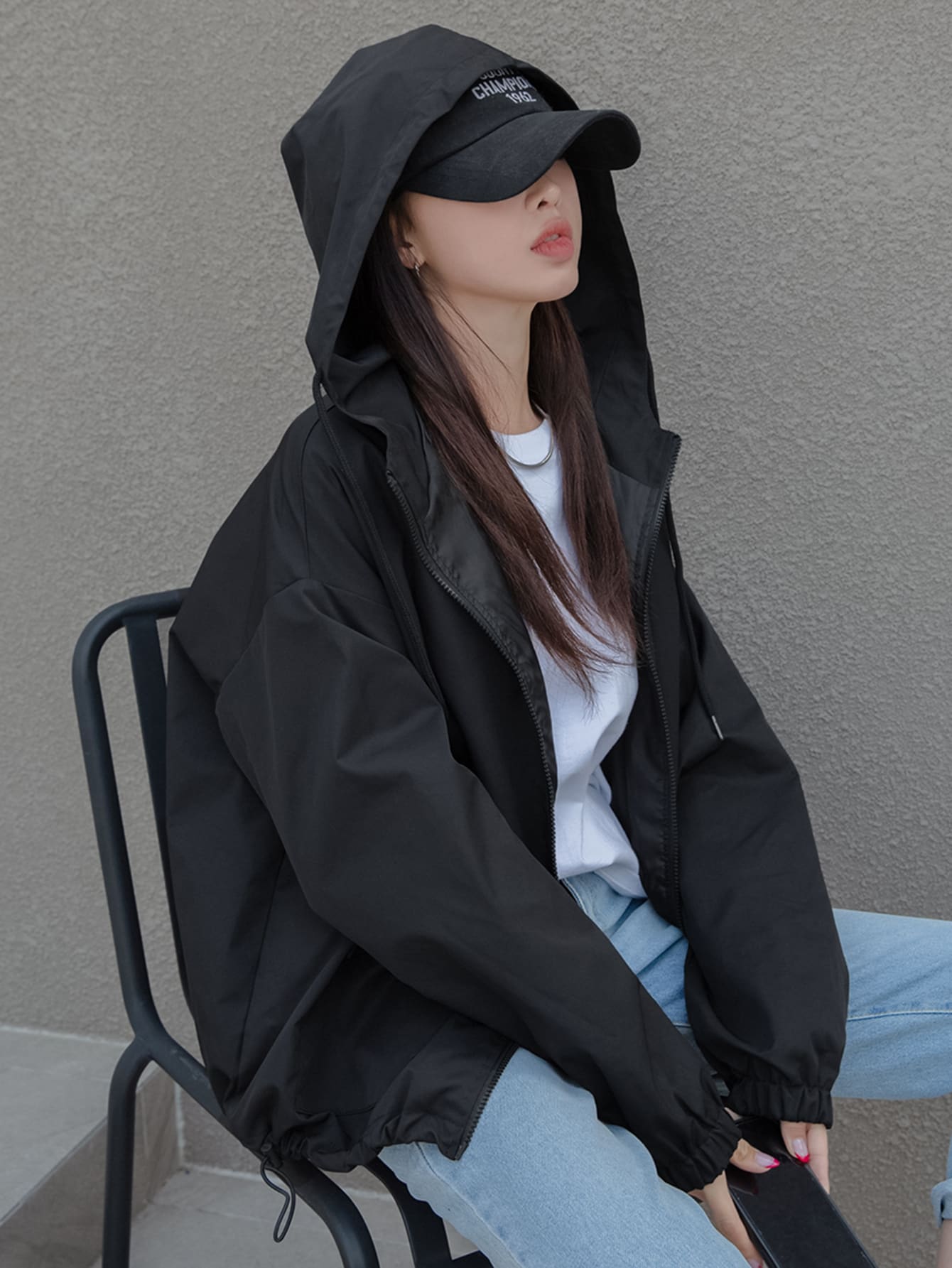 Drop Shoulder Drawstring Hooded Jacket