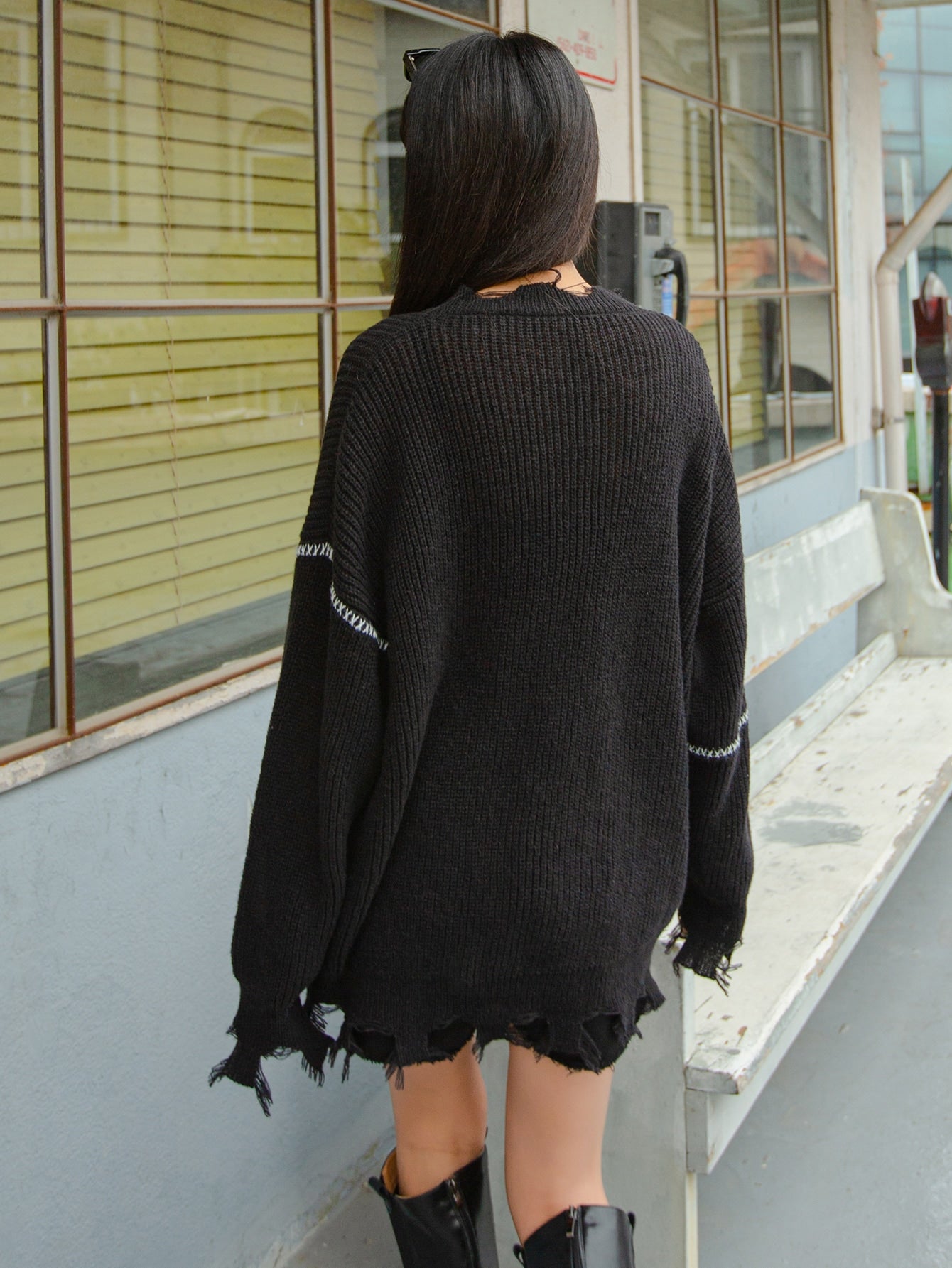 Drop Shoulder Oversized Distressed Sweater