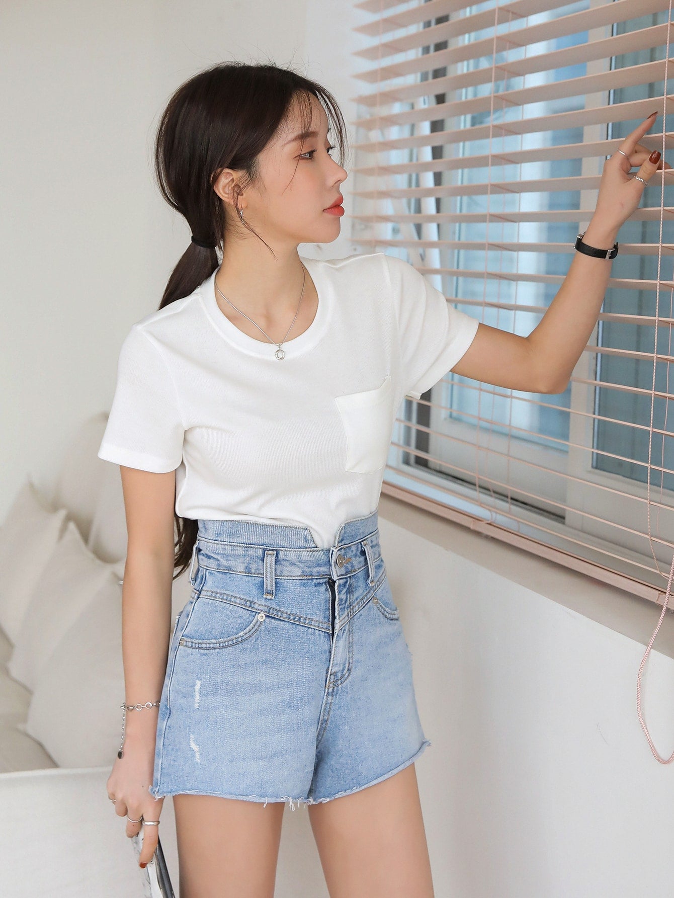 Rib-knit Pocket Patched Tee