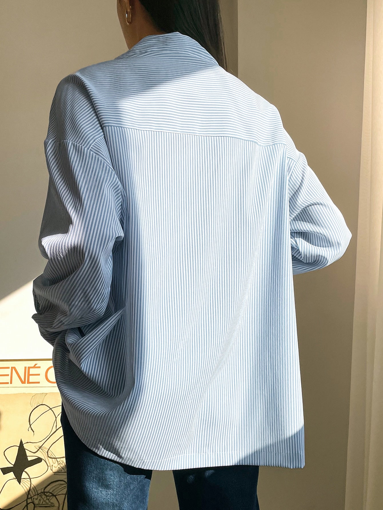 Vertical Striped Patched Pocket Drop Shoulder Shirt