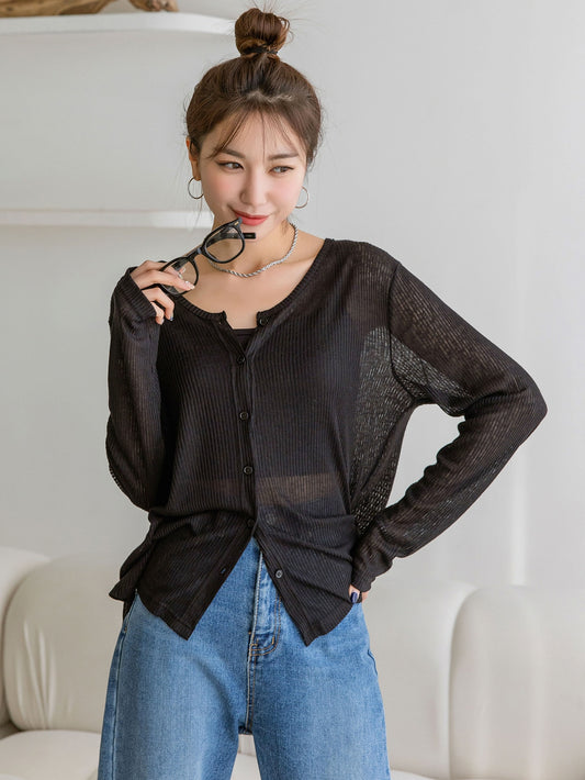 Ribbed Knit Button Front Top