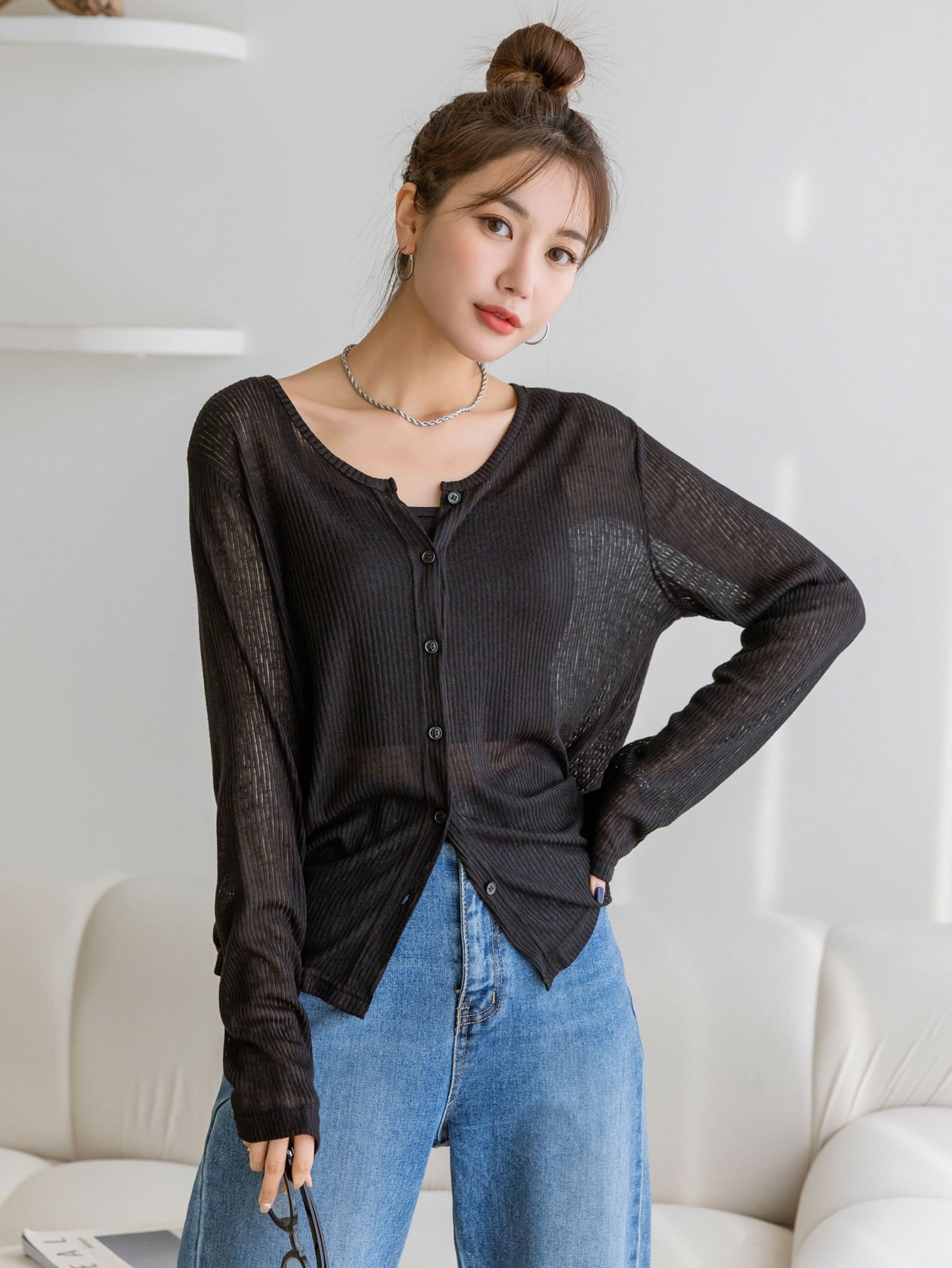 Ribbed Knit Button Front Top