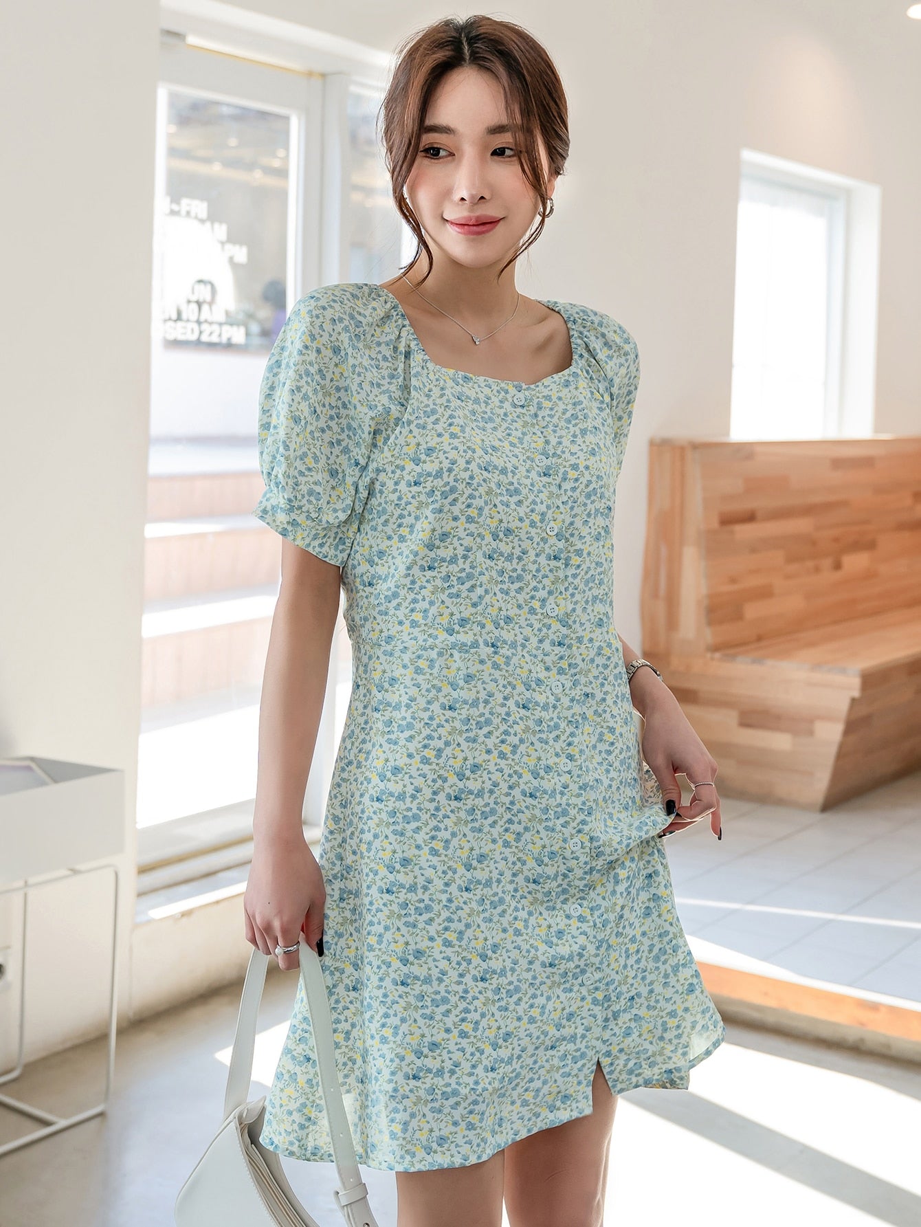 Ditsy Floral Puff Sleeve Button Through Dress