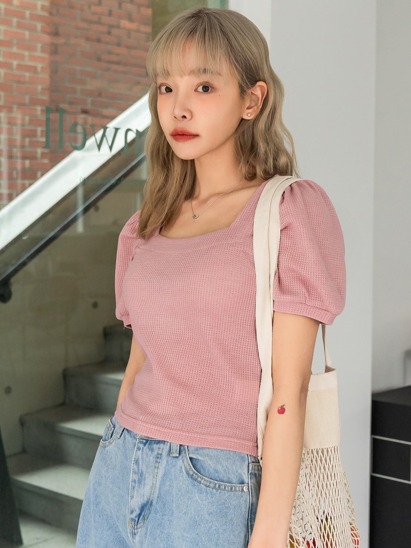 Puff Sleeve Square Neck Solid Tee