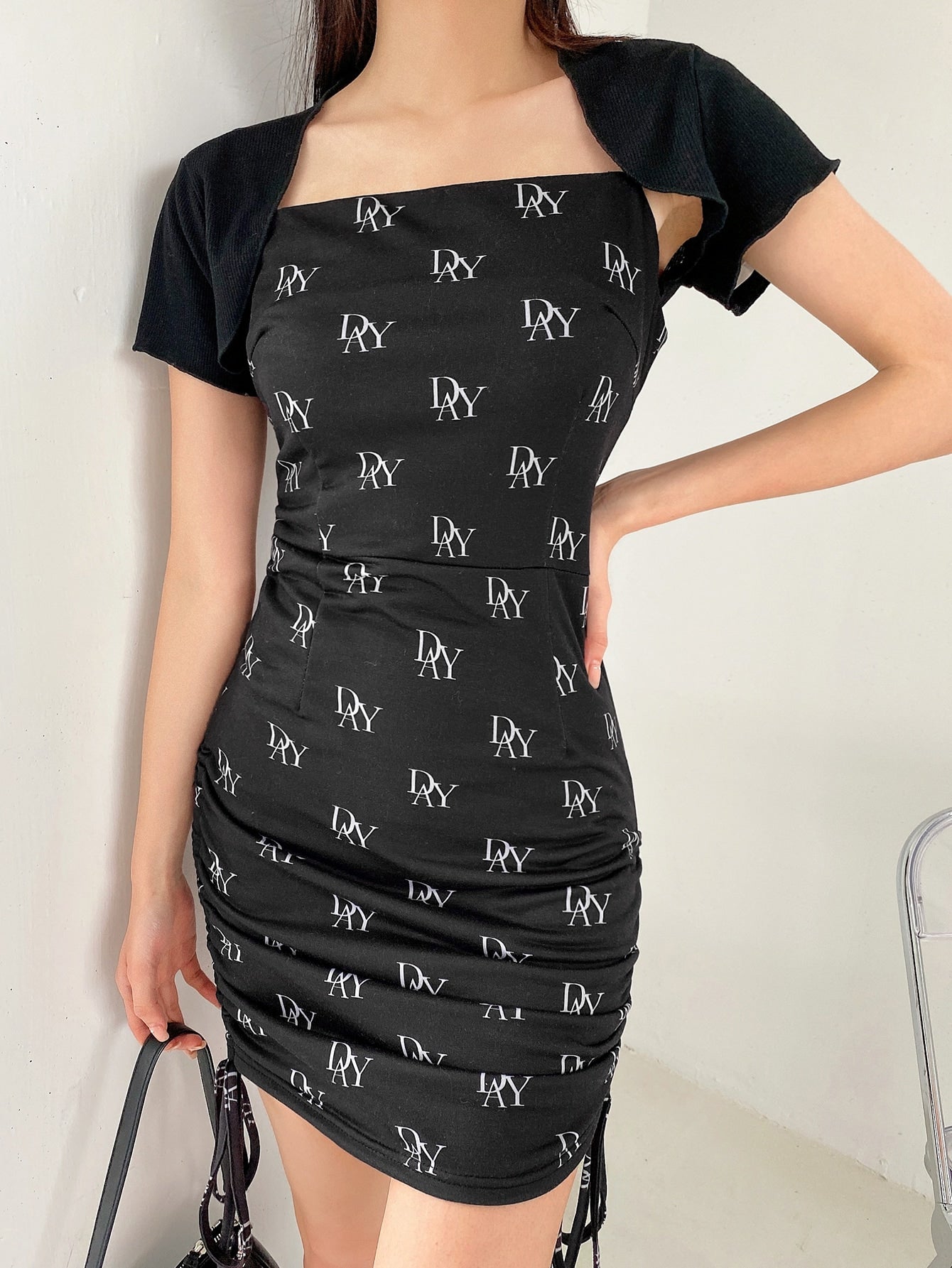 Solid Super Crop Top & Allover Letter Graphic Cami Dress