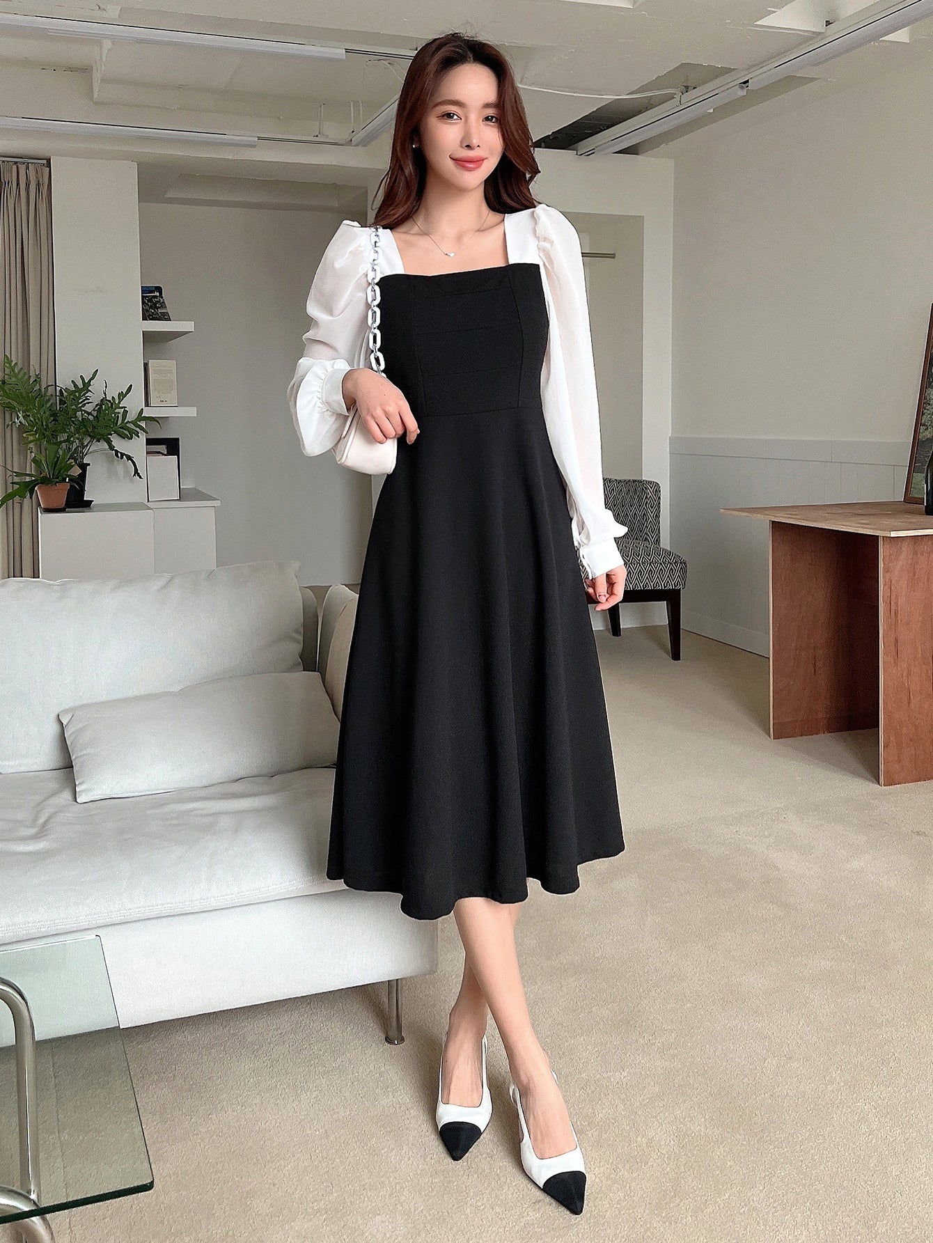 Two Tone Square Neck Bishop Sleeve Dress