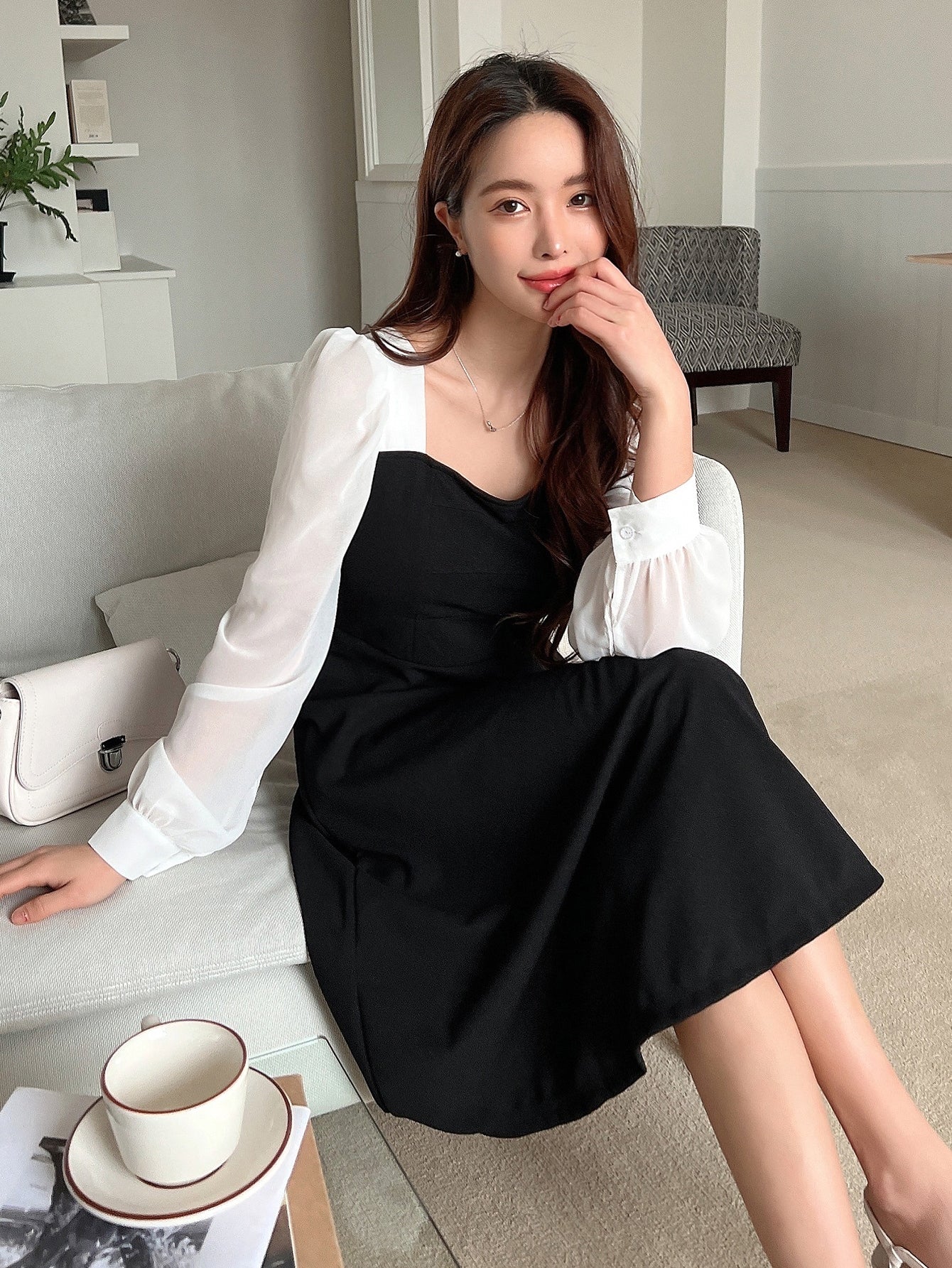 Two Tone Square Neck Bishop Sleeve Dress