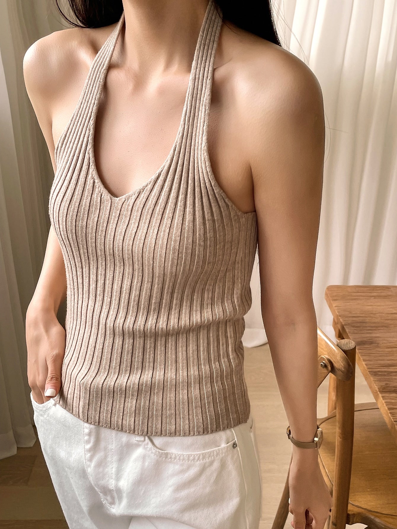 Backless Ribbed Halter Knit Top
